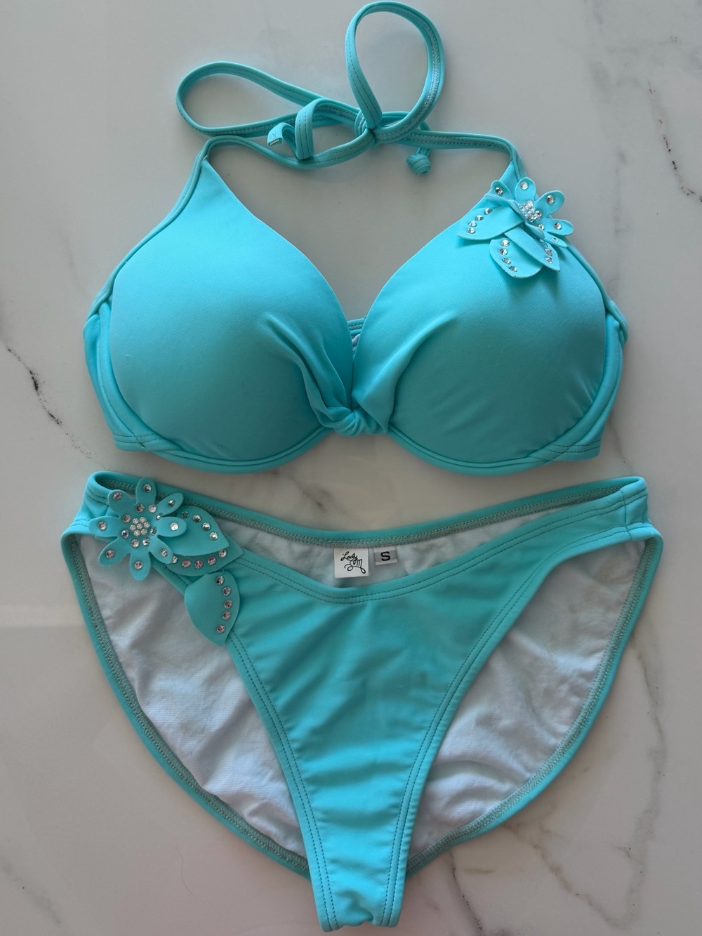 Lady M Turquoise Pageant Swimsuit Bikini Set with Floral Rhinestone Accents